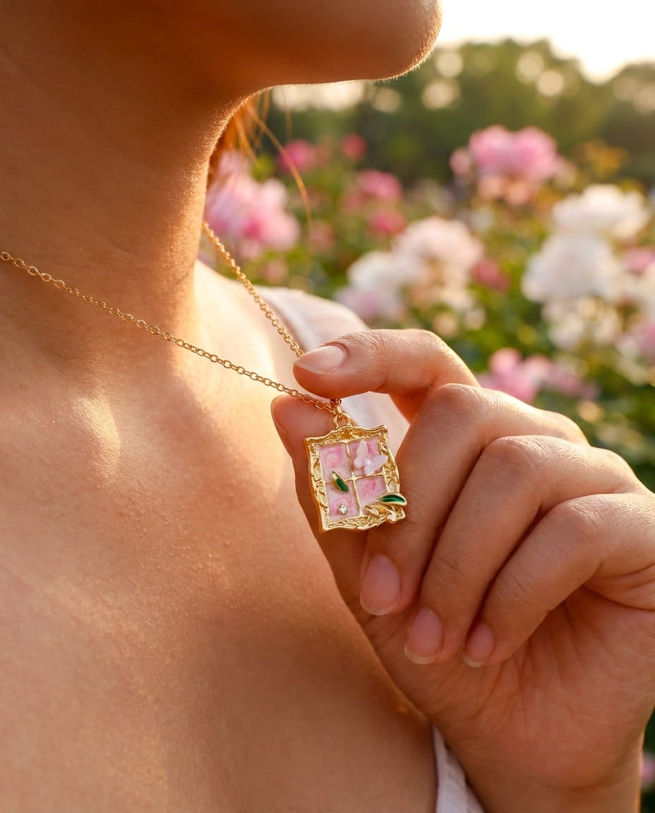 pendentif fleur doré détail papillon