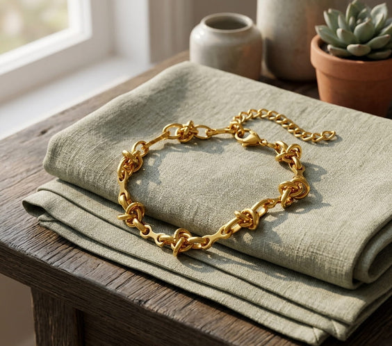 Bracelet maillons nœuds en acier doré posé sur un tissu en lin vert à côté d'une plante.
