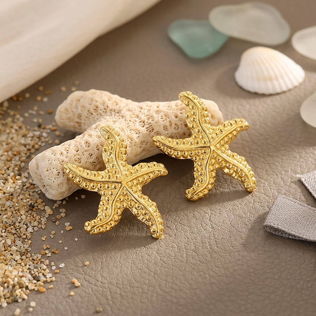 Détail des puces d'oreilles étoiles de mer dorées posées sur un morceau de corail blanc.