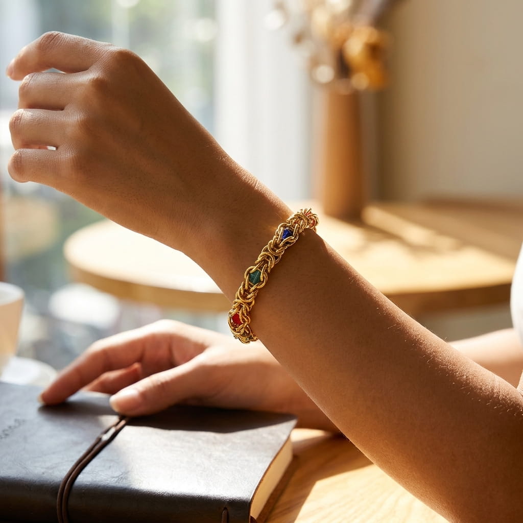 Bracelet byzantin large doré porté au poignet avec une tenue élégante.