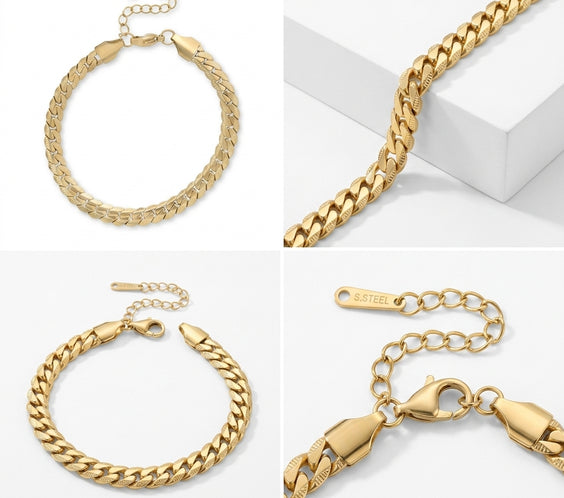 Bracelet maille serpentine doré posé sur un plateau en bois rustique à côté d'une fleur blanche et de livres, illustrant un style minimaliste et élégant.