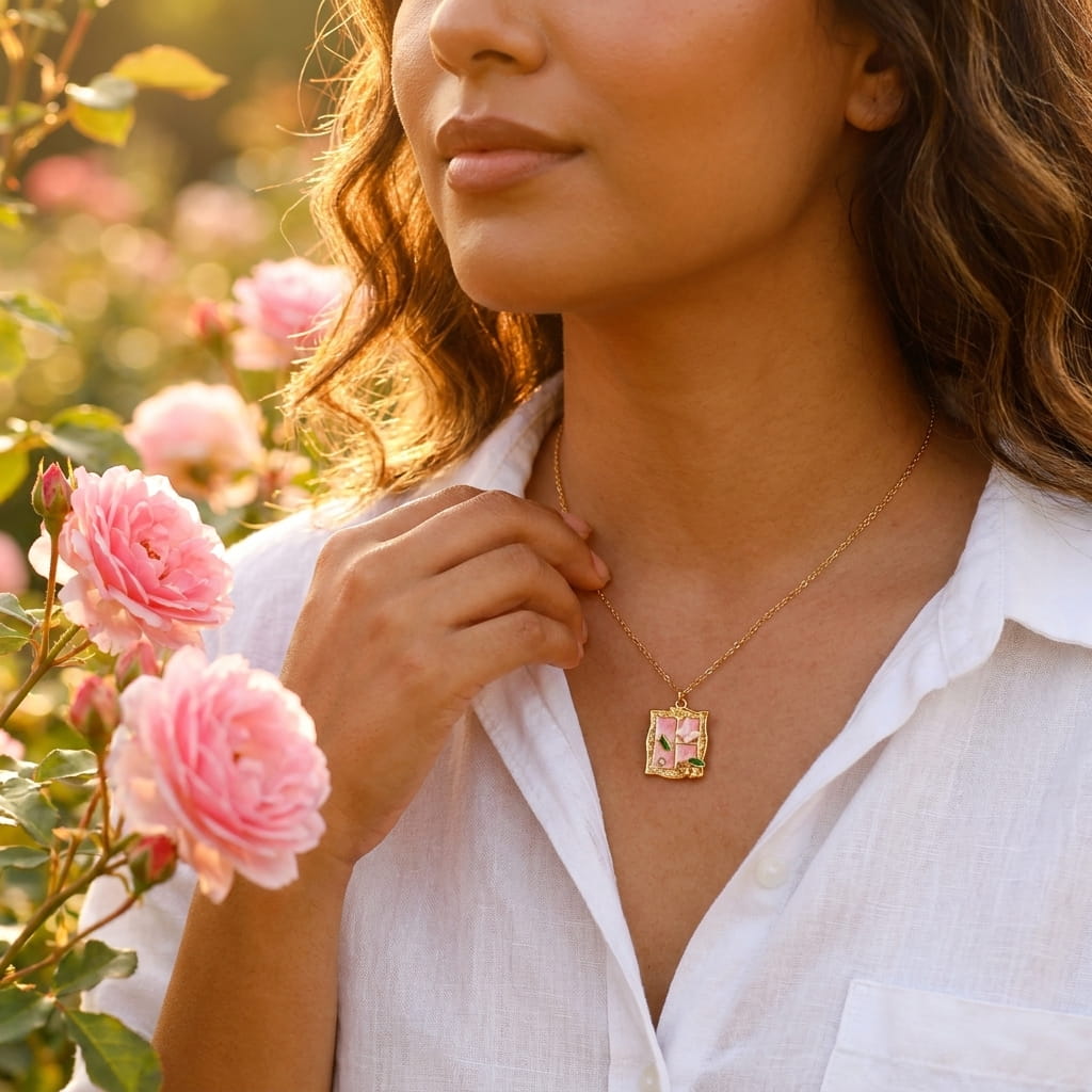 collier émail rose bijou femme élégant