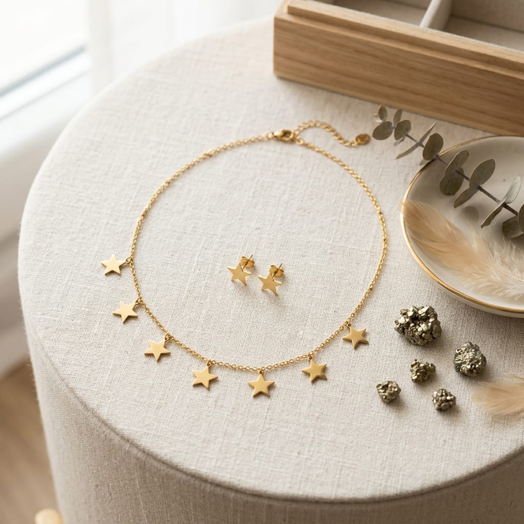 Collier étoiles et boucles d'oreilles assorties en acier doré présentés sur un guéridon avec décor minéral.