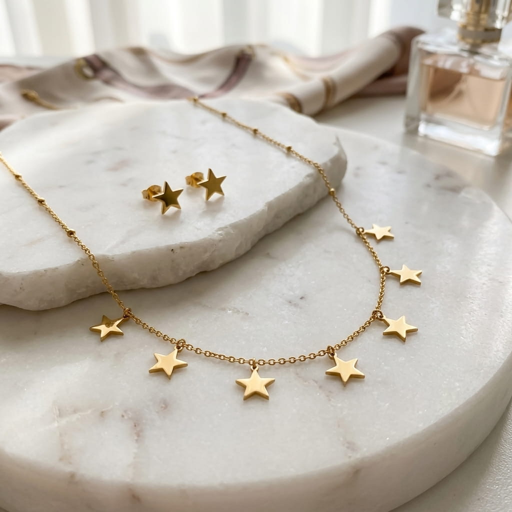 Gros plan du collier et des puces d'oreilles étoiles dorées sur un plateau en marbre.