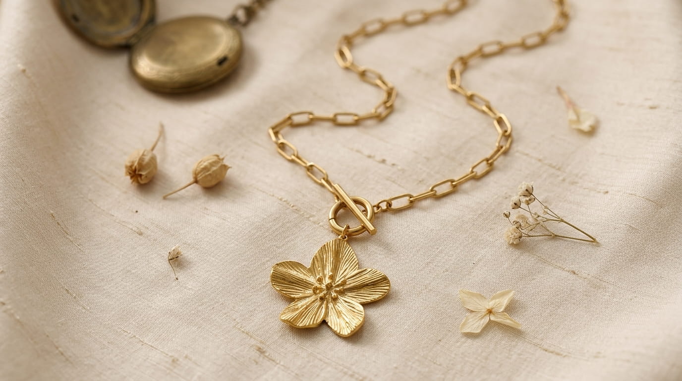 Collier pendentif fleur en or 18K porté avec un blazer beige chic.