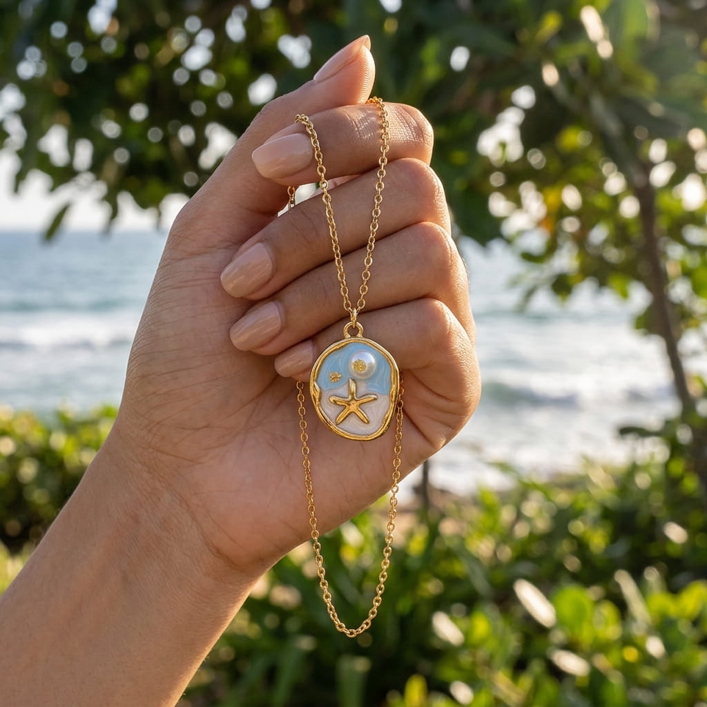 Pendentif vintage étoile de mer présenté dans une coupelle décorative sur un tissu de lin.