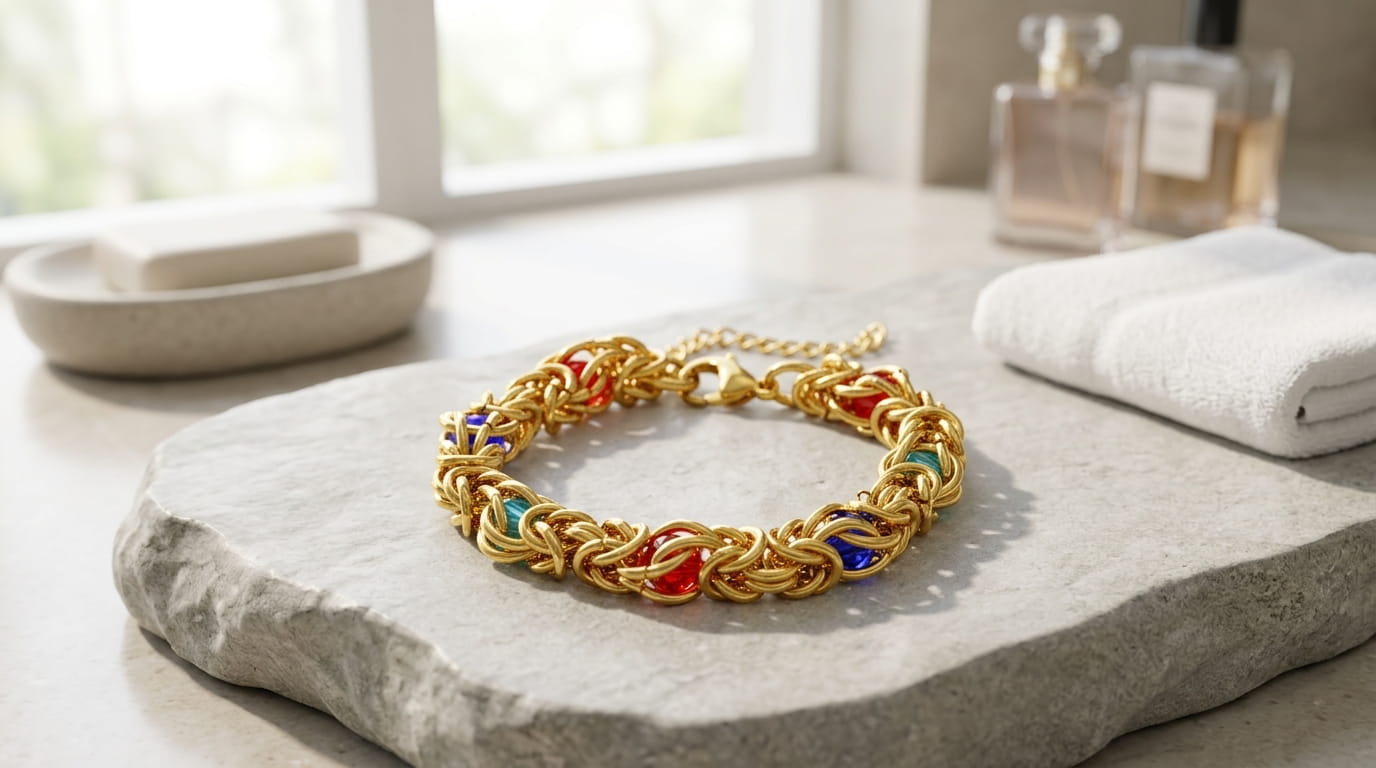 Détail du tressage complexe de la maille byzantine dorée et du fermoir mousqueton.