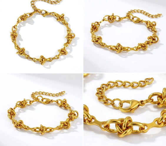 Différentes vues détaillées du bracelet maillons nœuds et de son fermoir mousqueton doré.