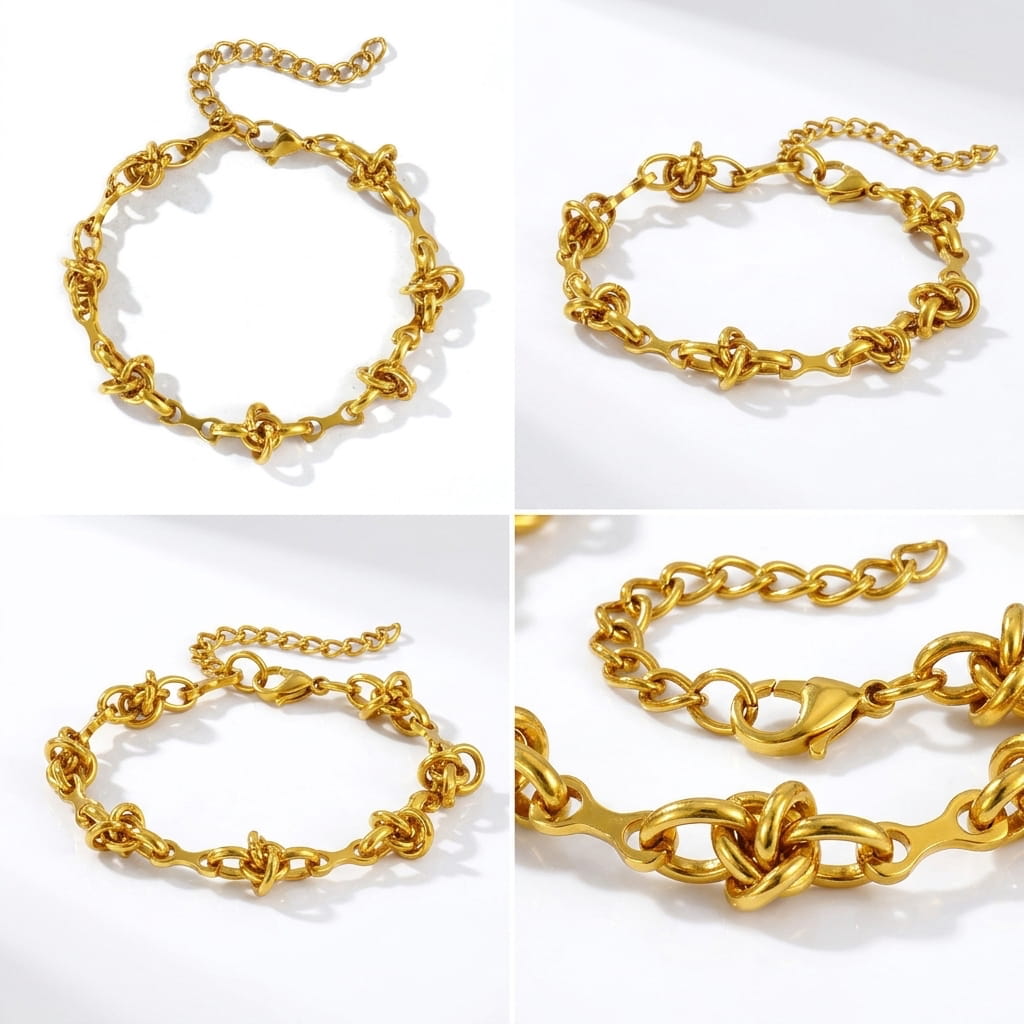 Différentes vues détaillées du bracelet maillons nœuds et de son fermoir mousqueton doré.