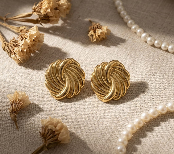 Zoom sur une paire de puces d'oreilles dorées au relief spirale torsadé d'inspiration vintage. Les boucles sont mises en valeur sur une nappe en toile avec des fleurs séchées et un collier de perles.