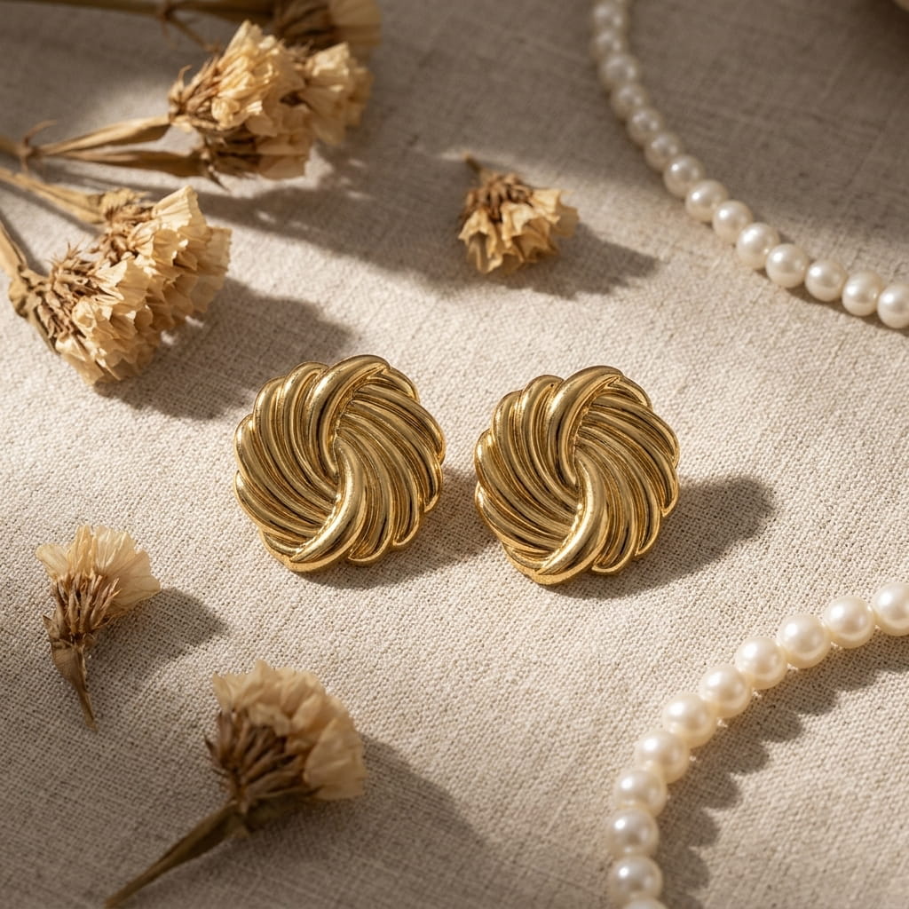 Zoom sur une paire de puces d'oreilles dorées au relief spirale torsadé d'inspiration vintage. Les boucles sont mises en valeur sur une nappe en toile avec des fleurs séchées et un collier de perles.