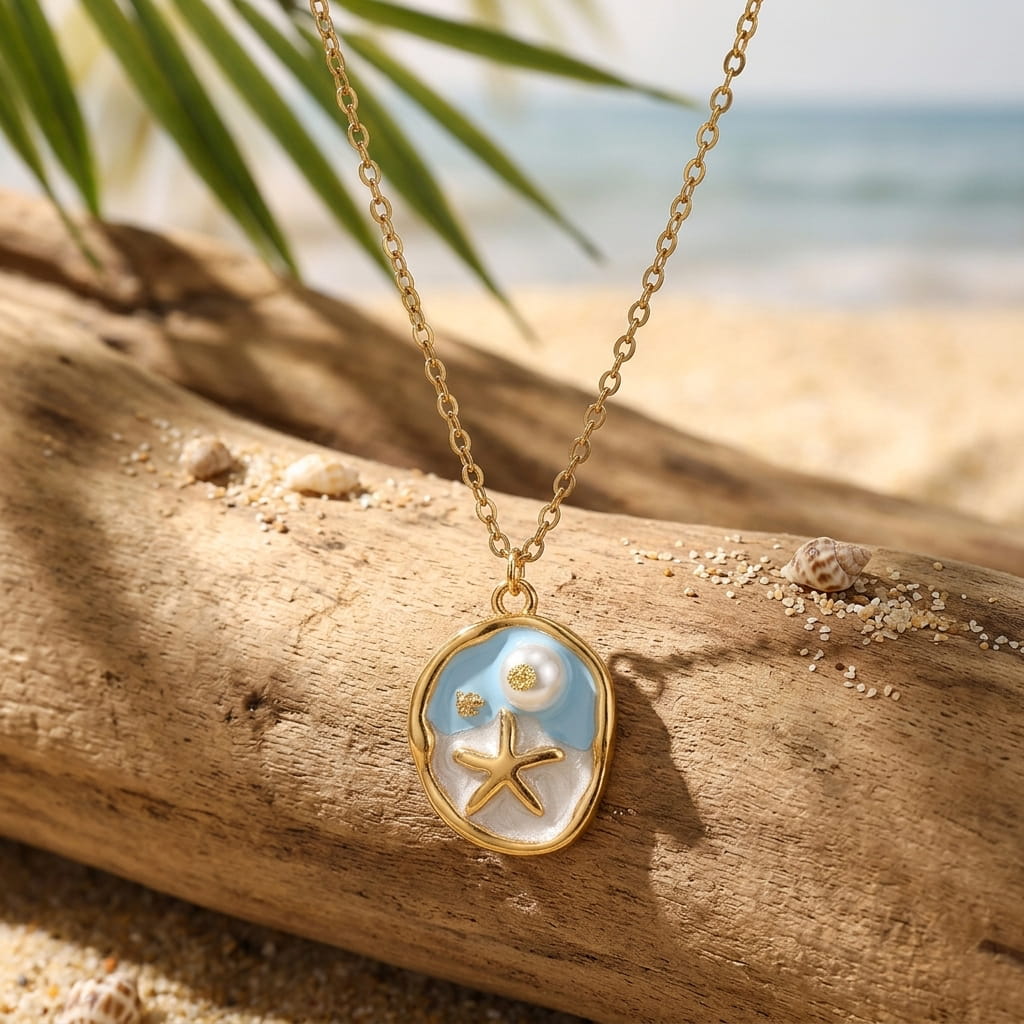 Collier médaillon ovale doré avec étoile de mer sur fond émaillé bleu et perle nacrée.