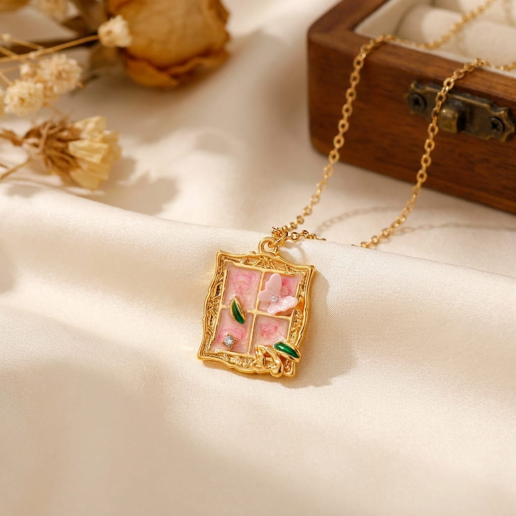 collier pendentif fleur papillon doré vintage