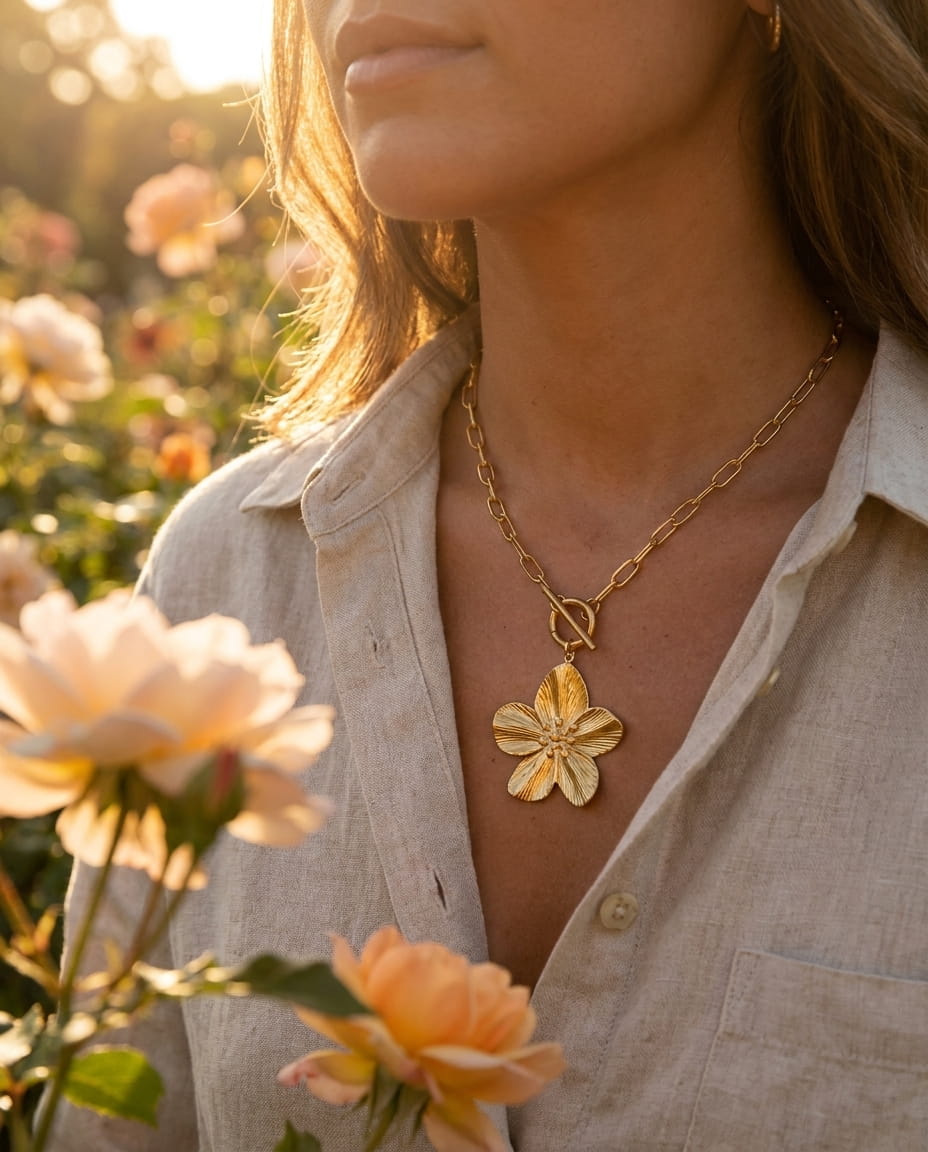 collier fleur doré porté chaîne trombone bijou tendance femme