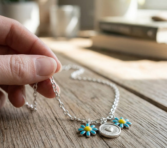 charms fleurs bleues et médaille cœur estampée à la main