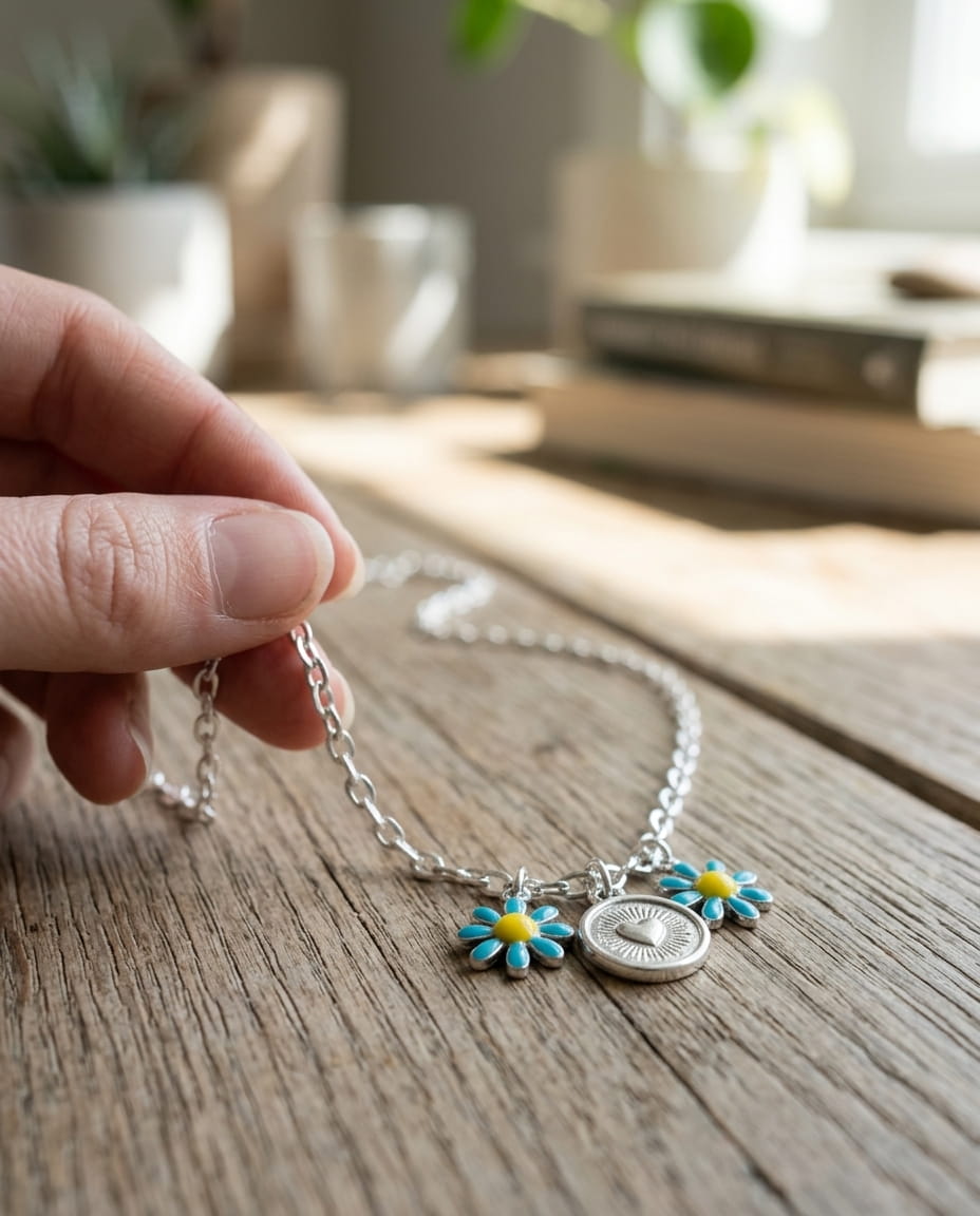charms fleurs bleues et médaille cœur estampée à la main