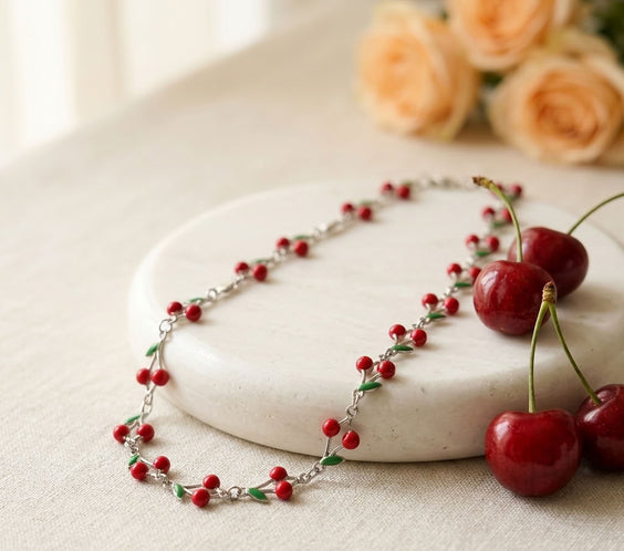 Gros plan sur le collier cerises argenté posé sur un plateau en marbre blanc aux côtés de vraies cerises fraîches et de roses peche.