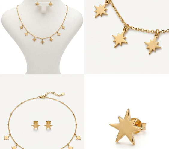 Ensemble collier multi-pampilles et boucles d'oreilles étoiles dorées sur buste blanc.