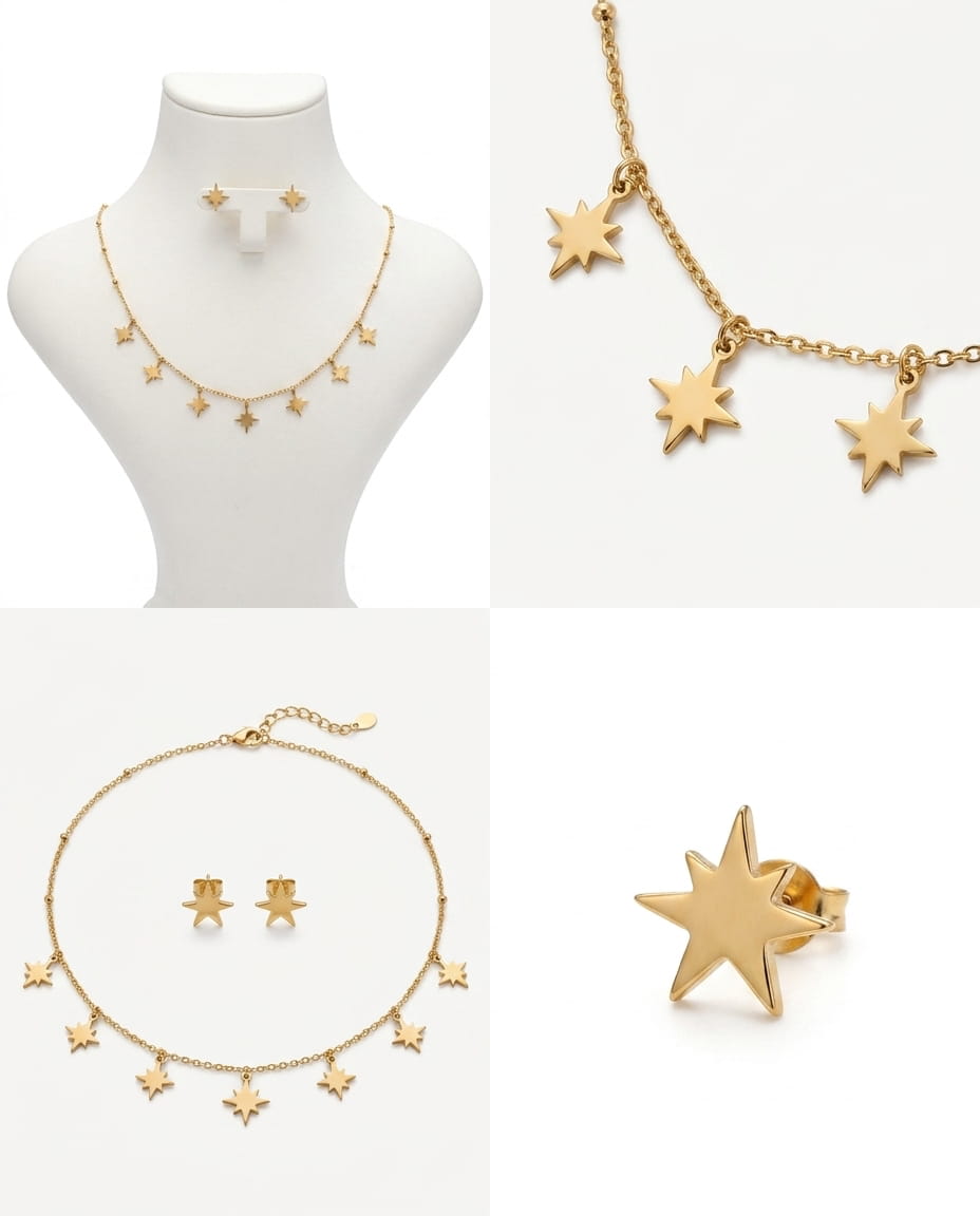 Ensemble collier multi-pampilles et boucles d'oreilles étoiles dorées sur buste blanc.