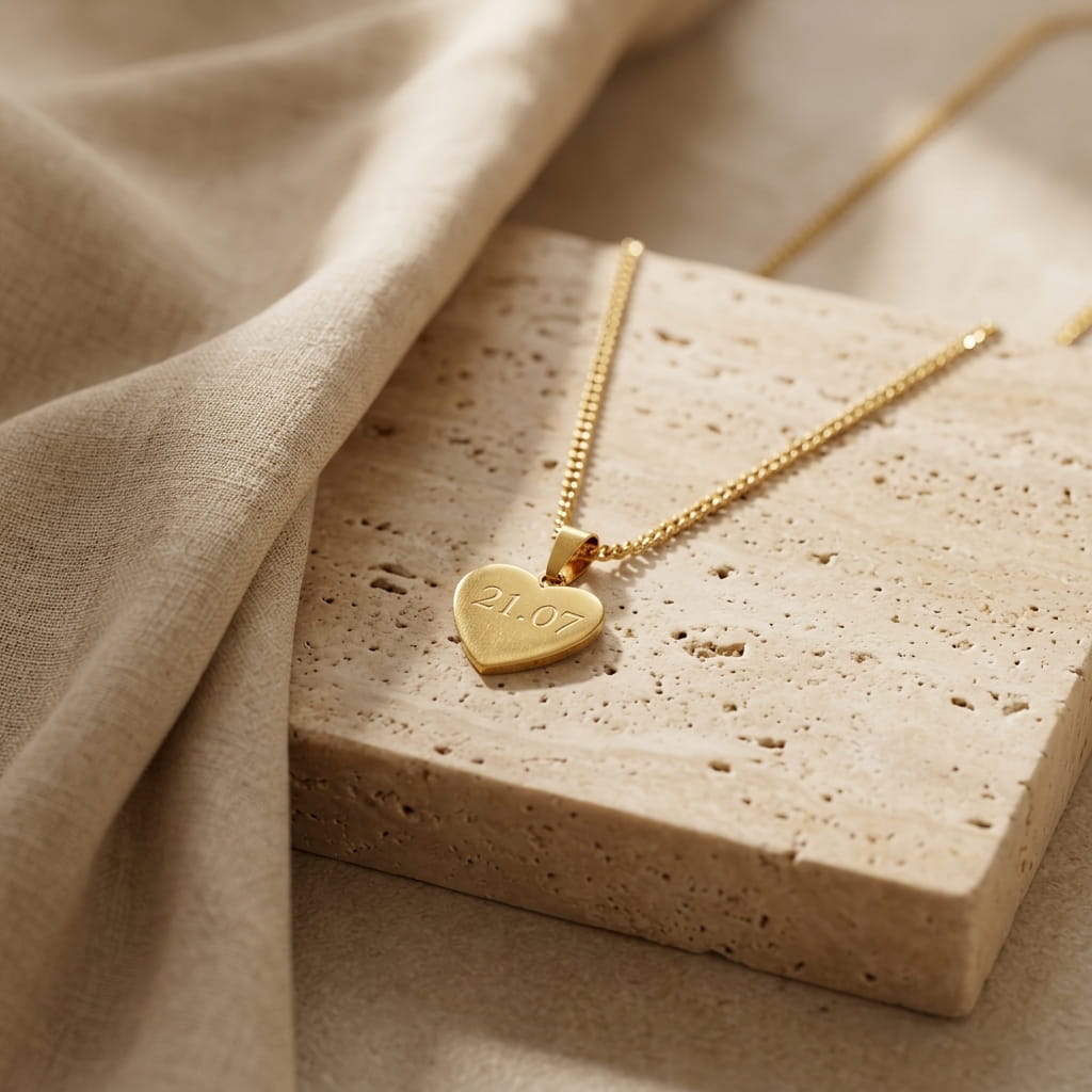 Collier personnalisé en acier inoxydable doré avec pendentif cœur estampé à la main