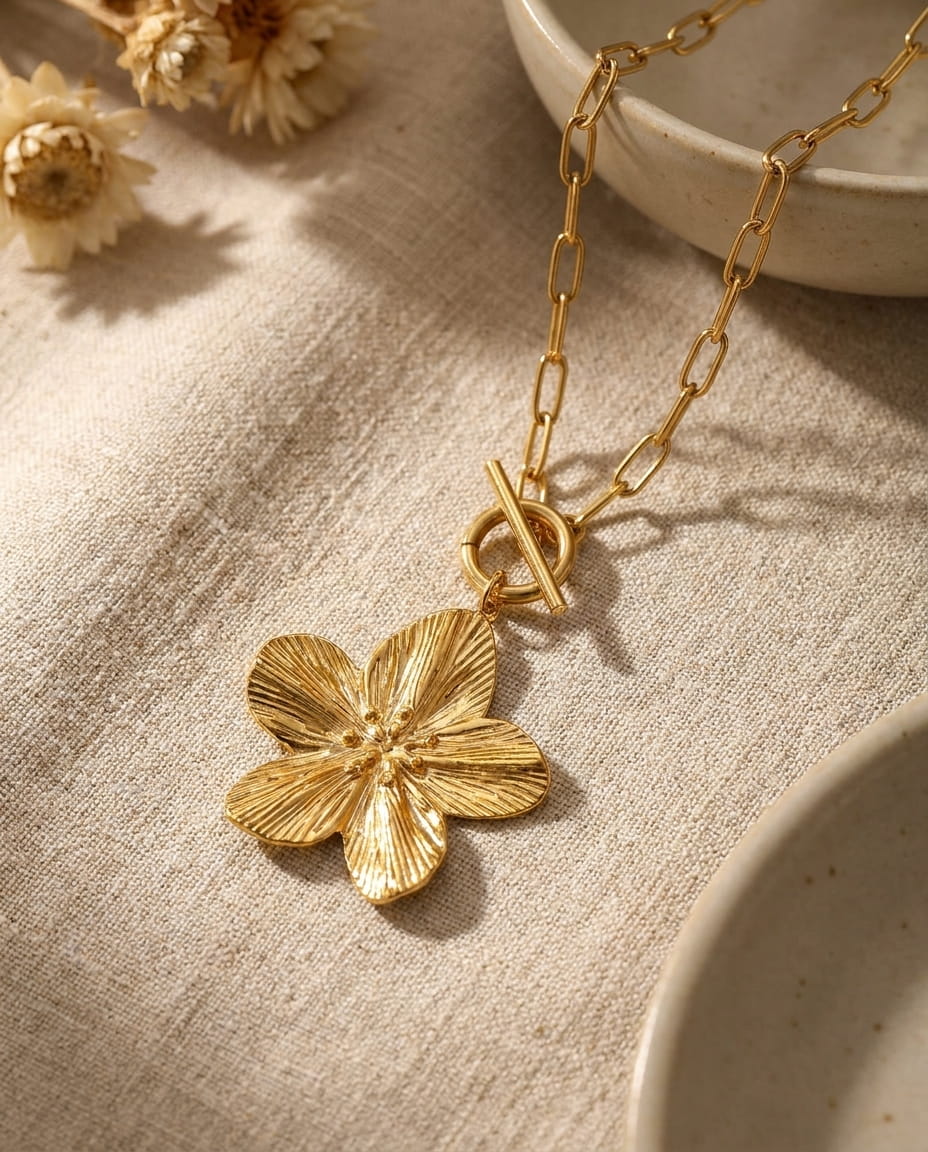 collier fleur doré pendentif texturé chaîne trombone femme