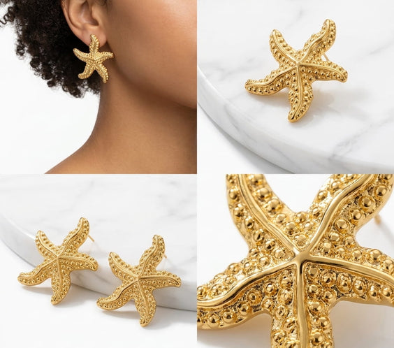 Vues détaillées et portées des boucles d'oreilles étoiles de mer dorées en acier inoxydable.