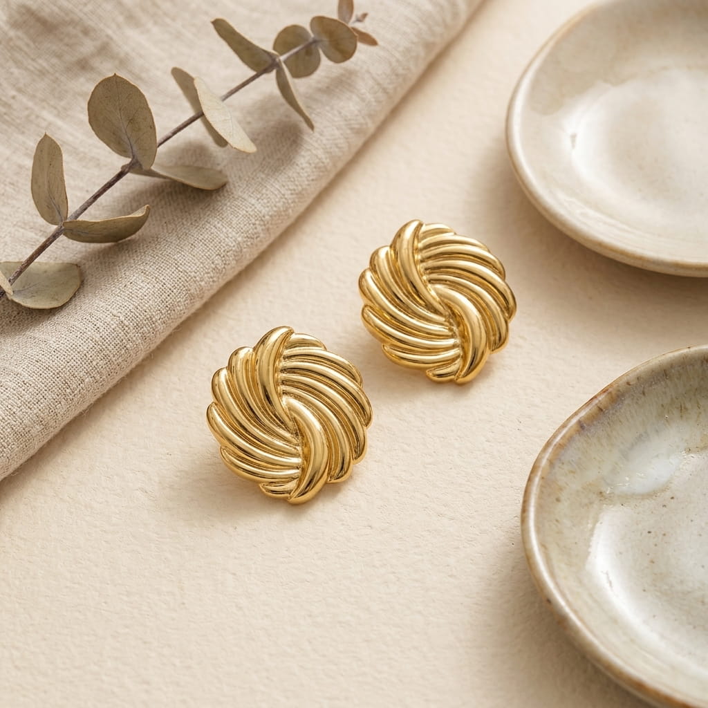 Paire de boucles d'oreilles puces dorées torsadées en acier inoxydable, présentées sur un tissu de lin beige avec des branches d'eucalyptus et des coupelles en céramique artisanales.