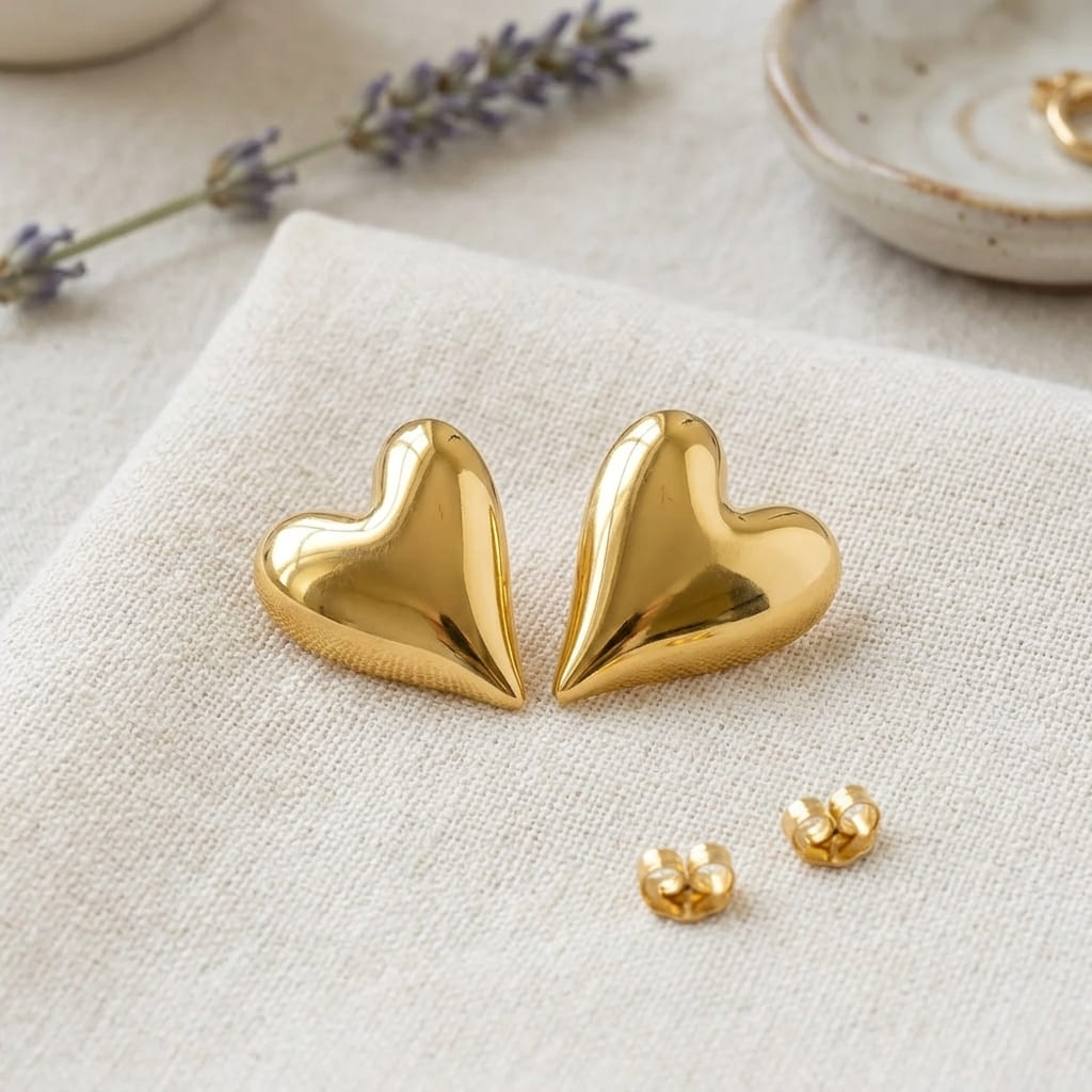 Détail du volume et du poli miroir des boucles d'oreilles cœurs dorées sur toile naturelle.