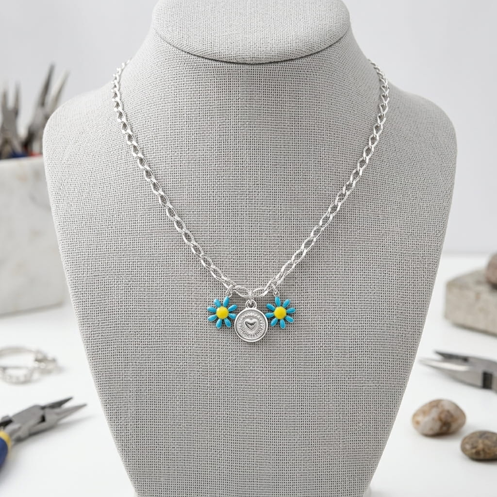 Collier personnalisable en acier inoxydable argent avec charms fleurs bleues et médaille cœur estampée à la main