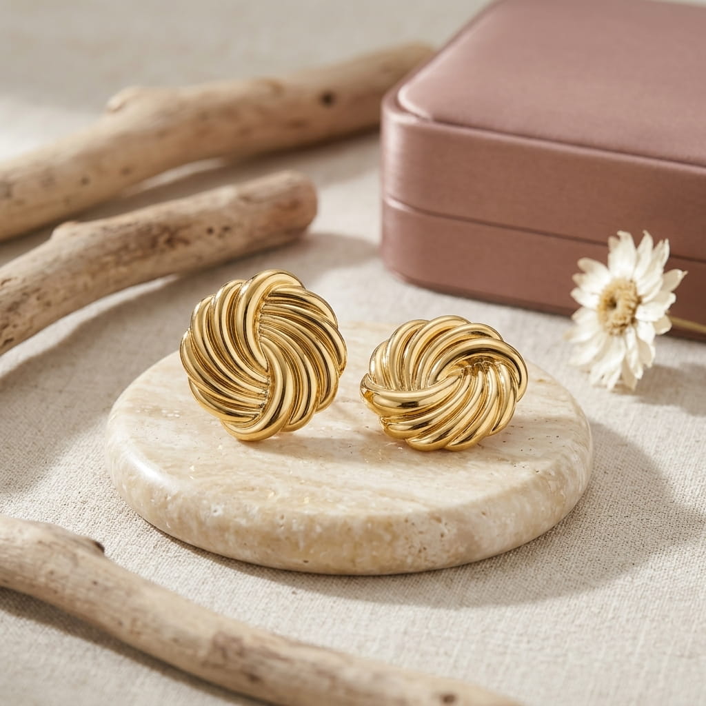 Boucles d'oreilles clous dorées au design sculptural torsadé, posées sur un présentoir rond en marbre avec des branches de bois flotté, une fleur séchée et un écrin cadeau rose poudré en arrière-plan.