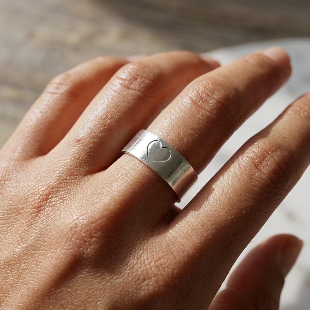 Bague ajustable en acier inoxydable argent avec cœur estampé à la main – bijou minimaliste femme