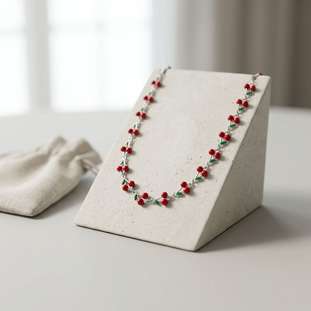 Collier ras de cou argenté avec motifs cerises émaillées rouges et vertes, présenté sur un portant en béton beige à côté d'un pochon en lin.