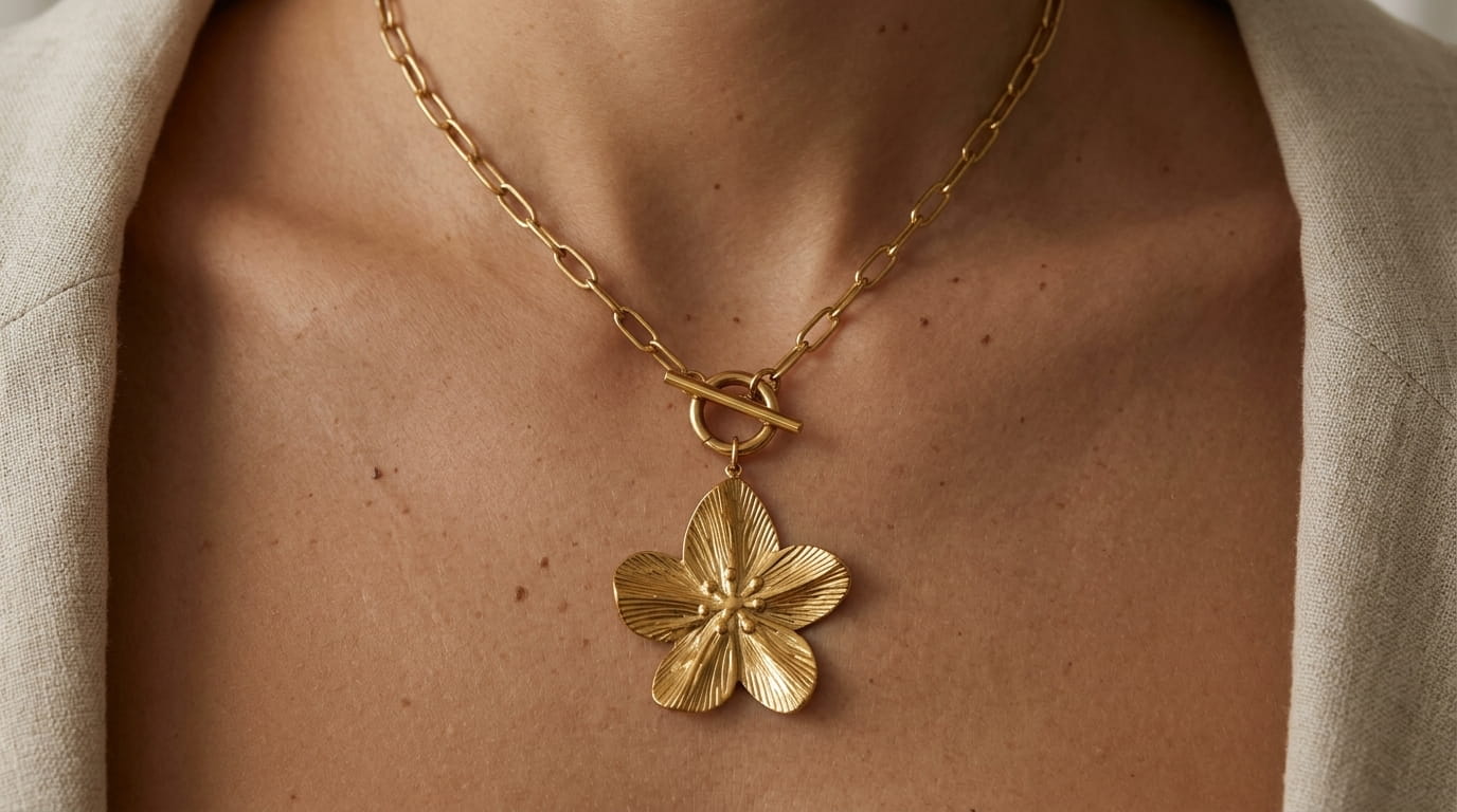 Collier doré avec pendentif fleur texturé sur un fond en lin beige avec fleurs séchées.