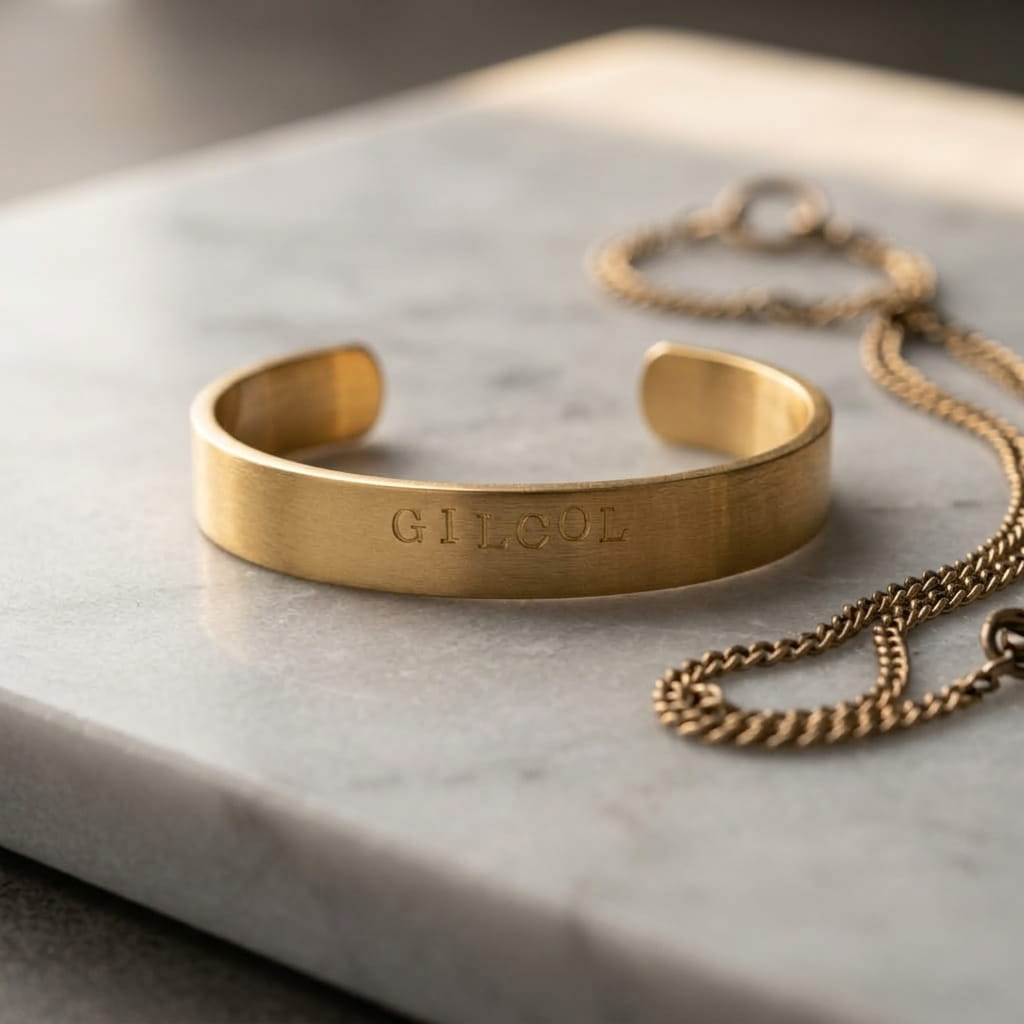 Bracelet jonc rigide en dorure brossée gravé du mot « GILCOL », présenté de face sur un morceau de bois brut et texturé. Arrière-plan flou évoquant l'ambiance chaleureuse d'un atelier d'artisan.