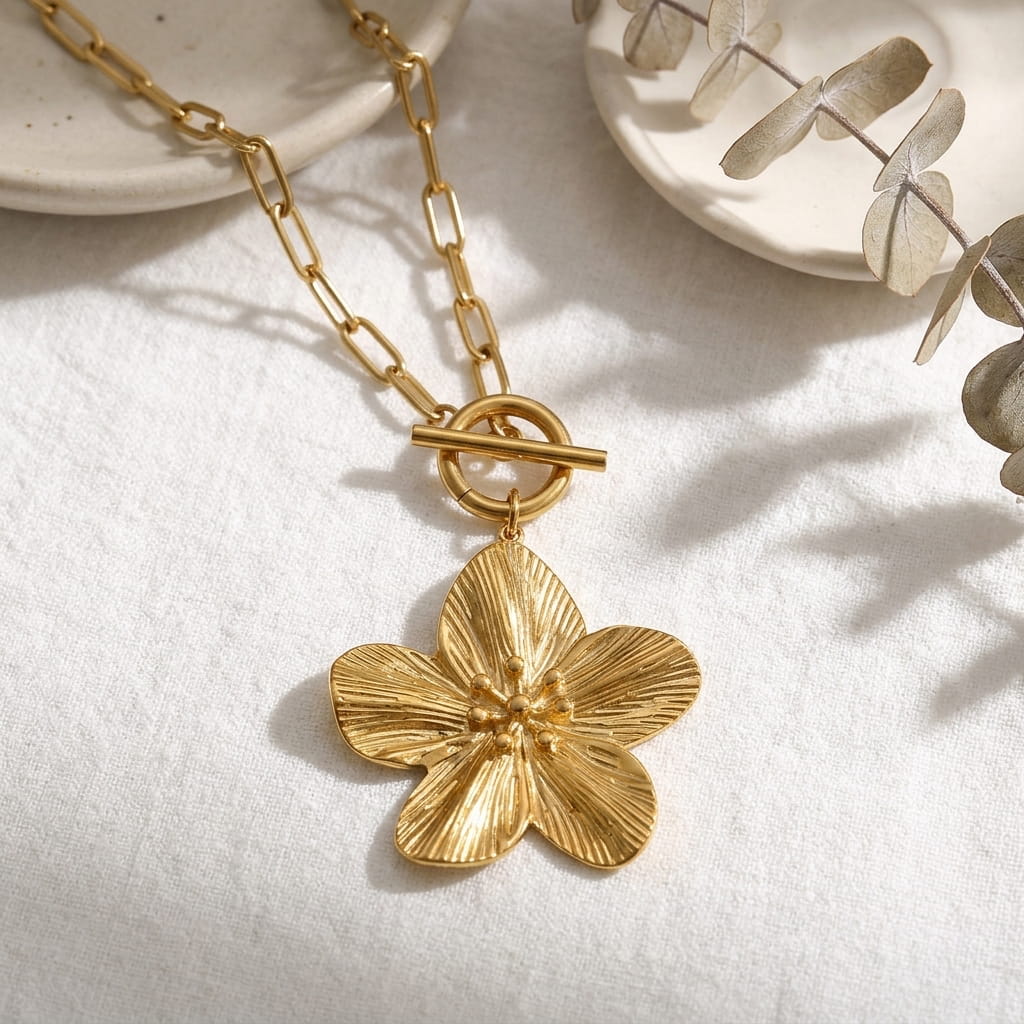 Gros plan du collier maille trombone et pendentif fleur dorée sur surface blanche.