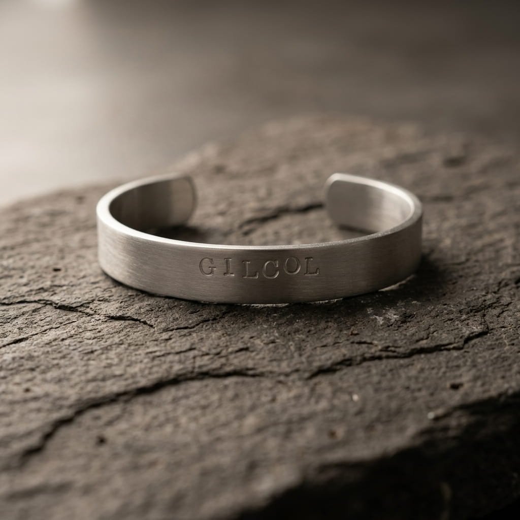 Un bracelet jonc en métal argenté brossé avec l'inscription personnalisée gravée en lettres capitales au centre. Le bracelet est posé horizontalement sur une roche sombre et rugueuse aux textures marquées, sous un éclairage doux et tamisé.