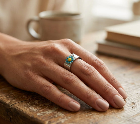 Bague personnalisable en acier inoxydable argenté avec breloque fleur bleue portée sur la main – bijou minimaliste pour femme