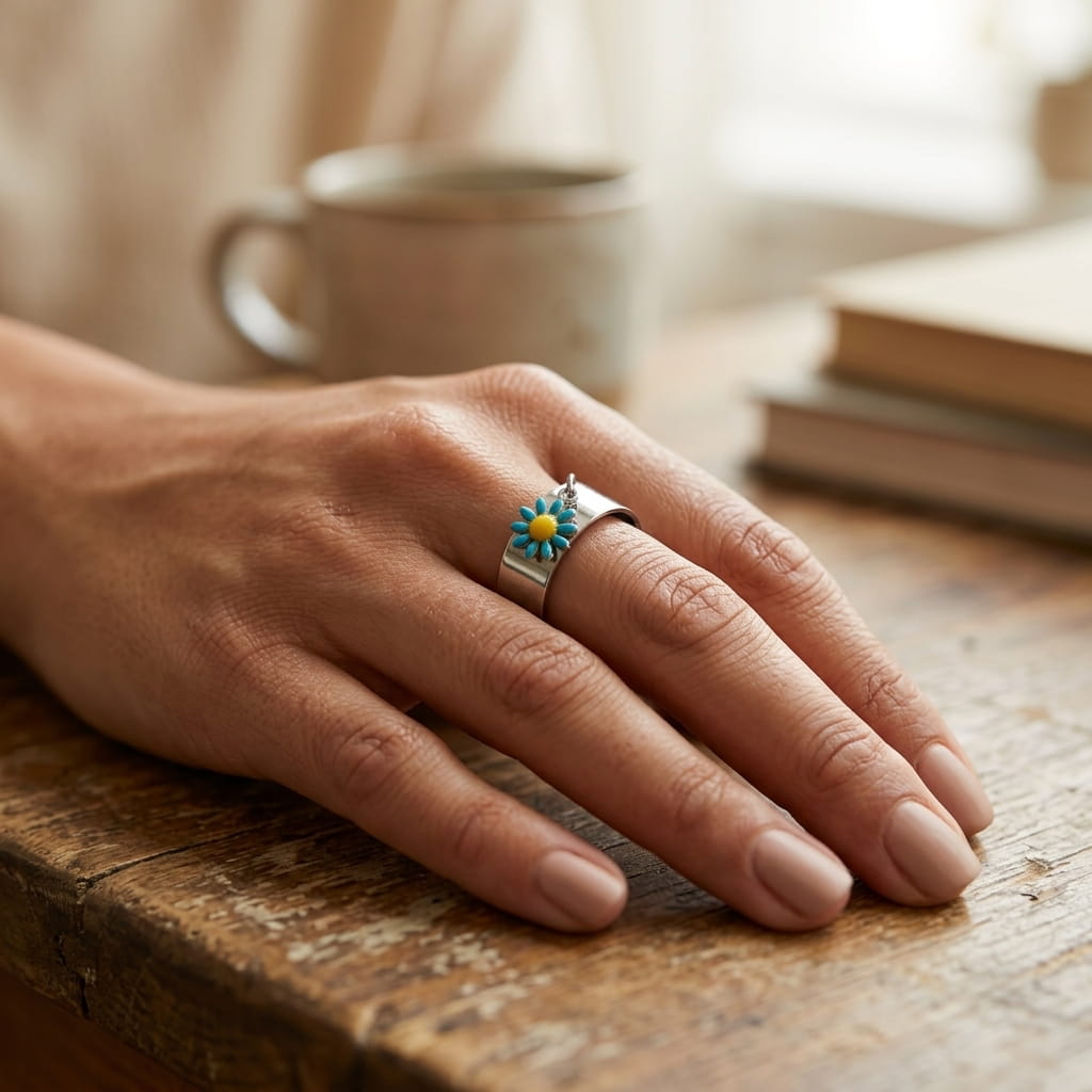 Bague personnalisable en acier inoxydable argenté avec breloque fleur bleue portée sur la main – bijou minimaliste pour femme