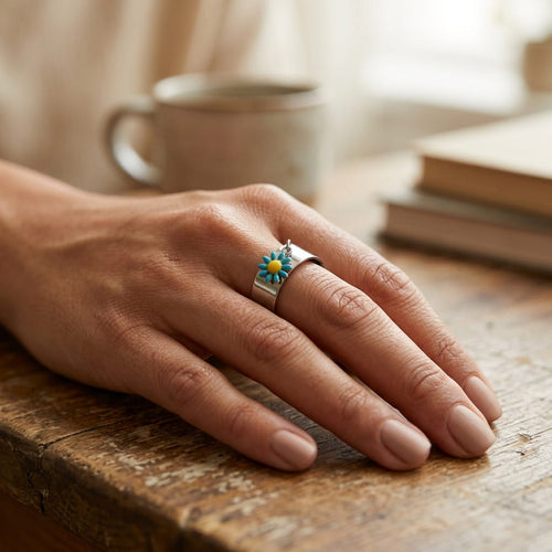 Bague personnalisable en acier inoxydable argenté avec breloque fleur bleue portée sur la main – bijou minimaliste pour femme