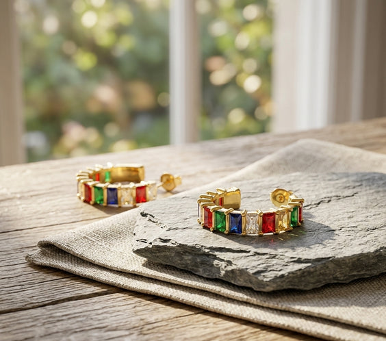 detail creoles dorees pierres multicolores bijou elegant