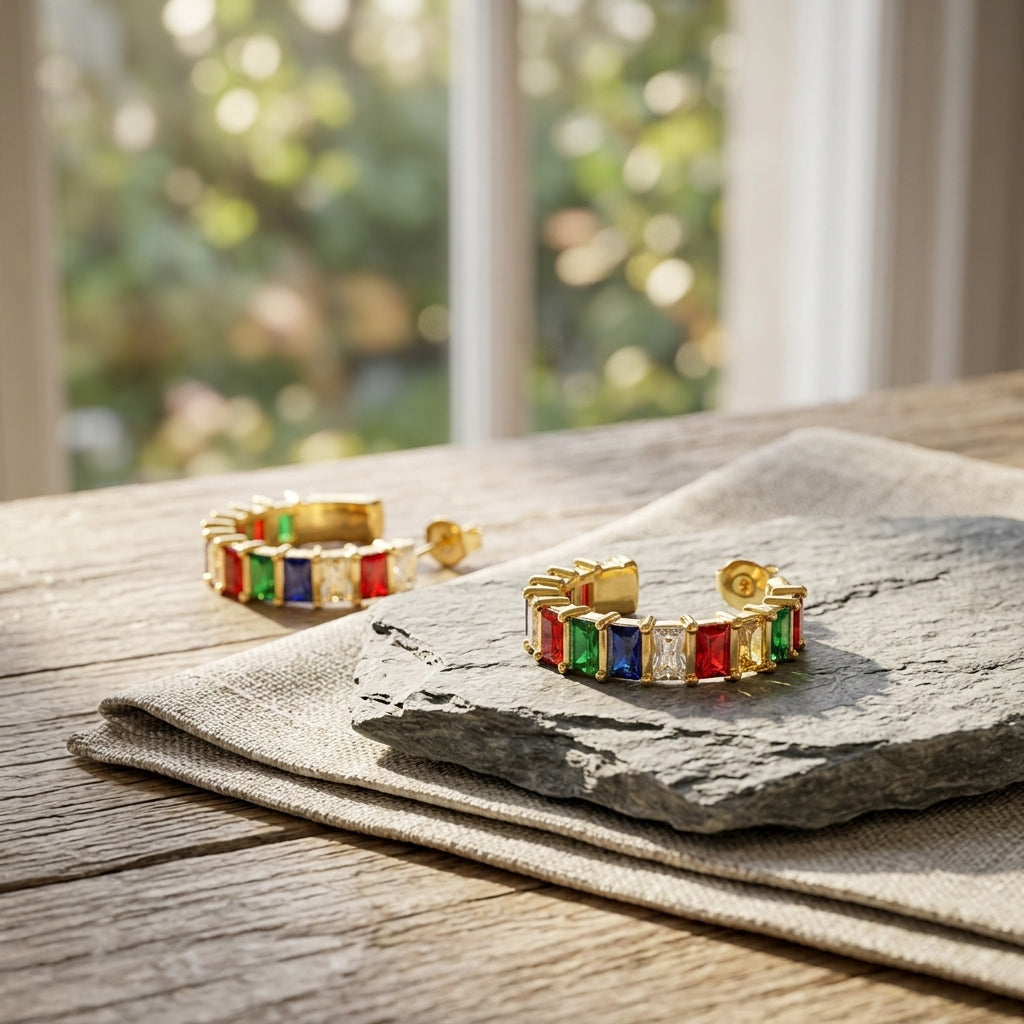 detail creoles dorees pierres multicolores bijou elegant